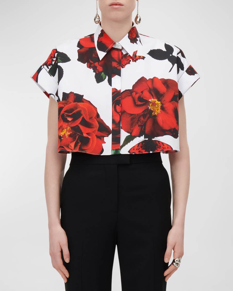 Floral-Print Short-Sleeve Crop Collared Shirt